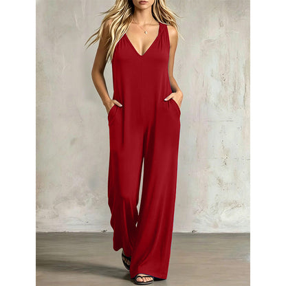 🌿 Bekväm sommarjumpsuit med V-hals, huva och vida ben