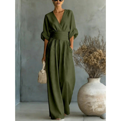 Jumpsuit för damer med V-ringning, hög midja och vida ben