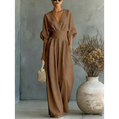 Jumpsuit för damer med V-ringning, hög midja och vida ben