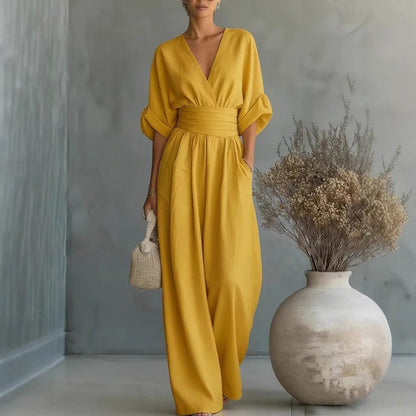 Jumpsuit för damer med V-ringning, hög midja och vida ben