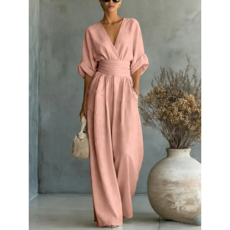 Jumpsuit för damer med V-ringning, hög midja och vida ben
