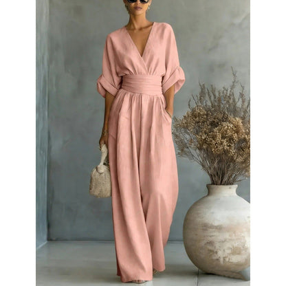 Jumpsuit för damer med V-ringning, hög midja och vida ben