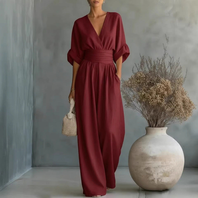 Jumpsuit för damer med V-ringning, hög midja och vida ben