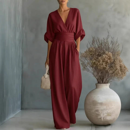 Jumpsuit för damer med V-ringning, hög midja och vida ben