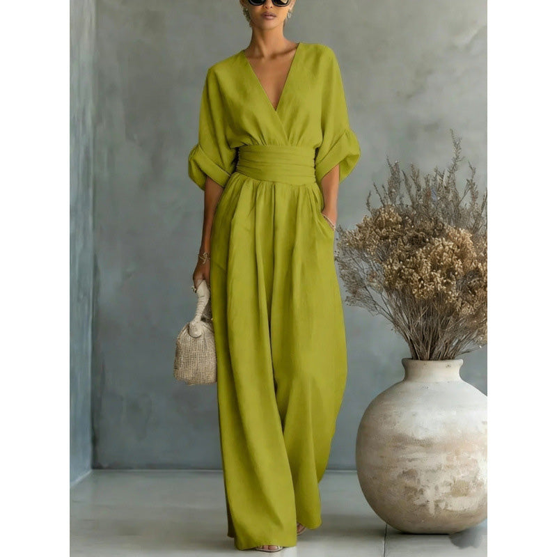 Jumpsuit för damer med V-ringning, hög midja och vida ben