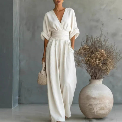 Jumpsuit för damer med V-ringning, hög midja och vida ben