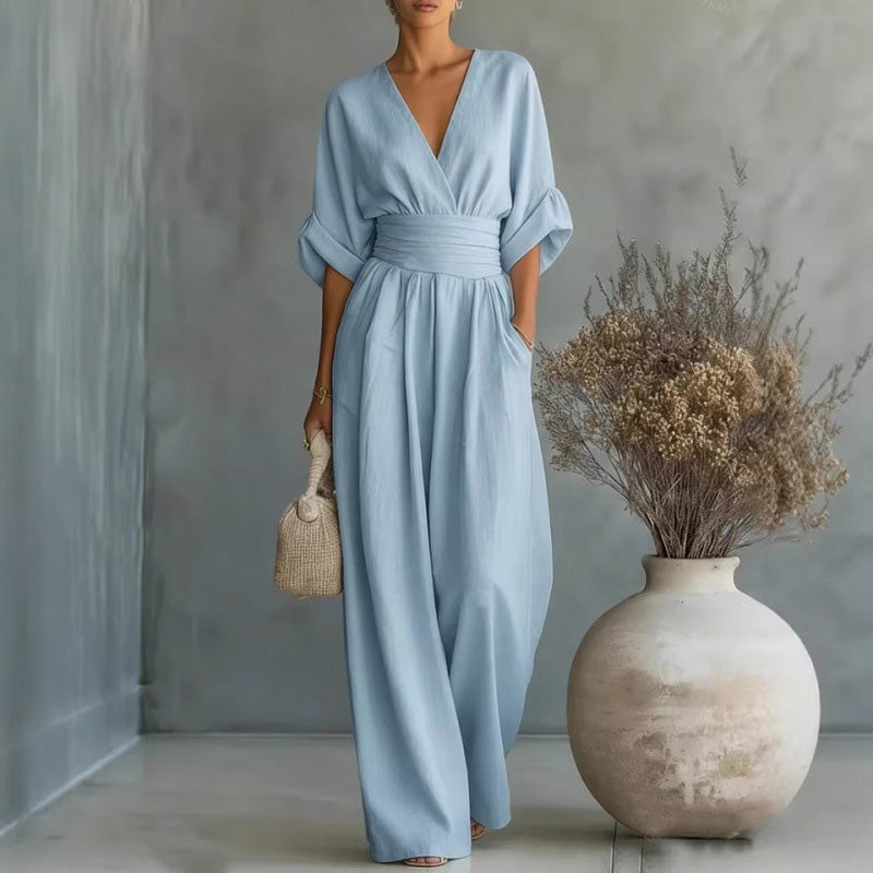 Jumpsuit för damer med V-ringning, hög midja och vida ben