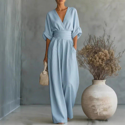 Jumpsuit för damer med V-ringning, hög midja och vida ben