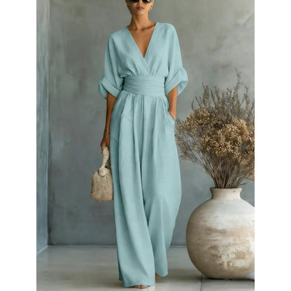Jumpsuit för damer med V-ringning, hög midja och vida ben