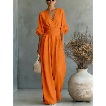 Jumpsuit för damer med V-ringning, hög midja och vida ben