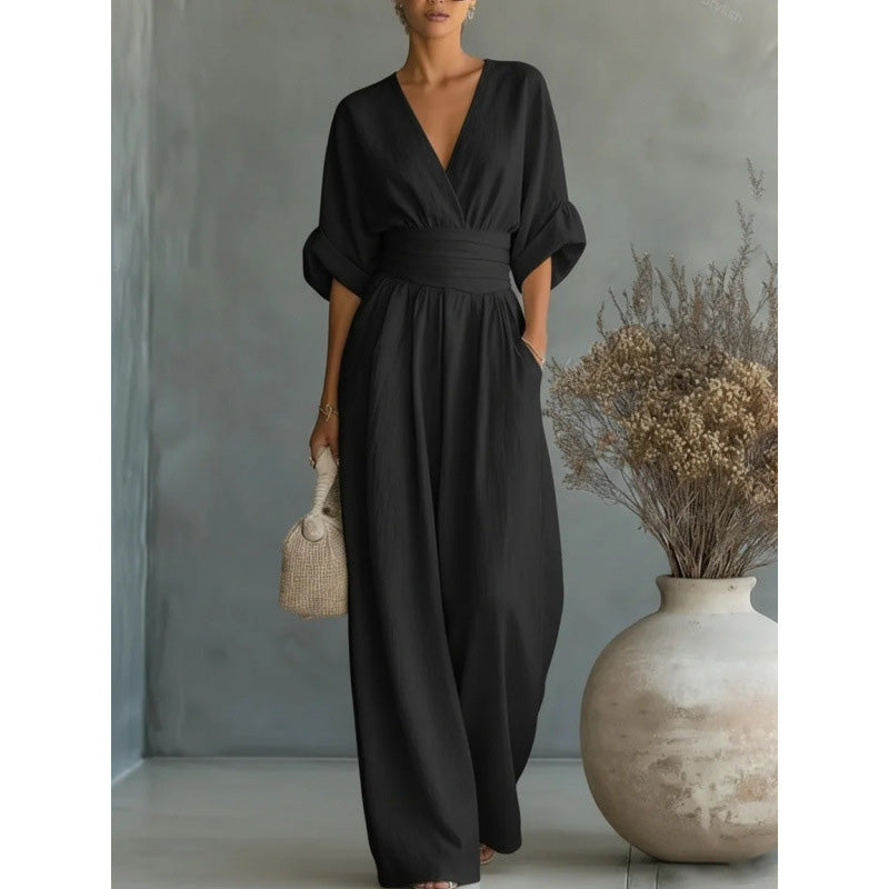 Jumpsuit för damer med V-ringning, hög midja och vida ben