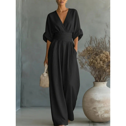 Jumpsuit för damer med V-ringning, hög midja och vida ben