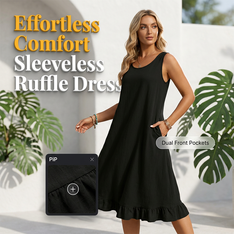 👗🌬️ Luftig ärmlös volangklänning med fickor