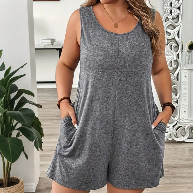 👗 50 % RABATT UNDER BEGRÄNSAD TID! 💥 Ärmlös jumpsuit för damer i stora storlekar med fickor – luftig, bekväm, mångsidig ✨