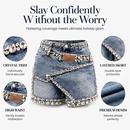 Skort i denim med flera lager och strass för damer