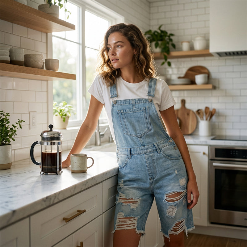 🩳💥 Damernas slitna denim-overall-shorts – Repad design, flera fickor, casual ✨