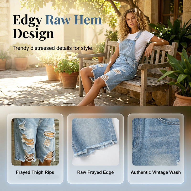 🩳💥 Damernas slitna denim-overall-shorts – Repad design, flera fickor, casual ✨