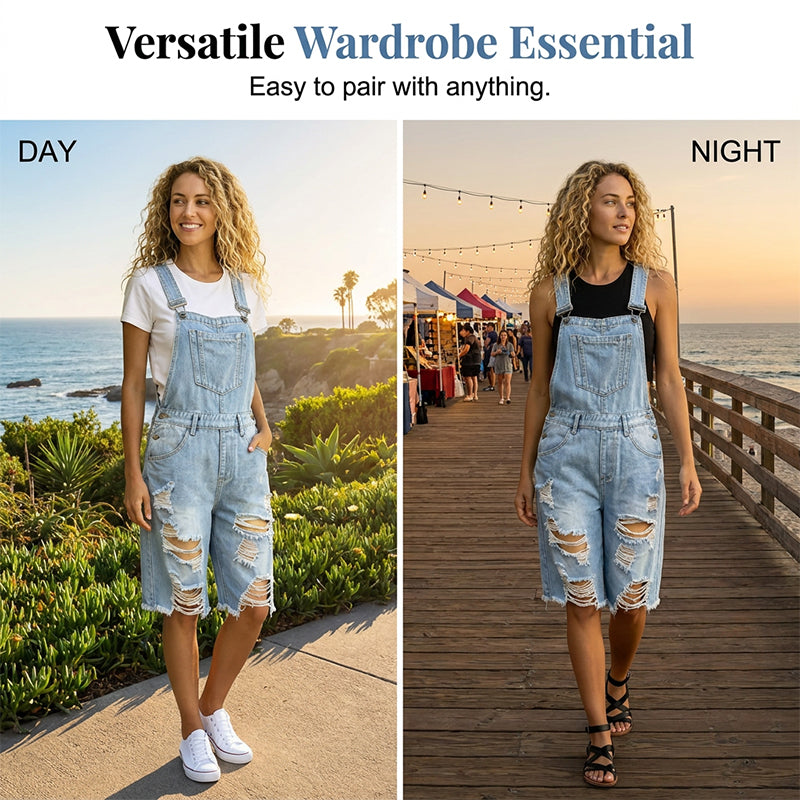 🩳💥 Damernas slitna denim-overall-shorts – Repad design, flera fickor, casual ✨