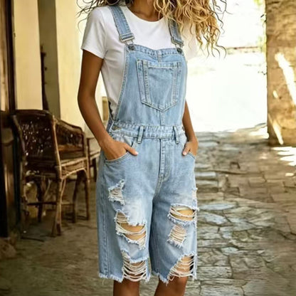 🩳💥 Damernas slitna denim-overall-shorts – Repad design, flera fickor, casual ✨