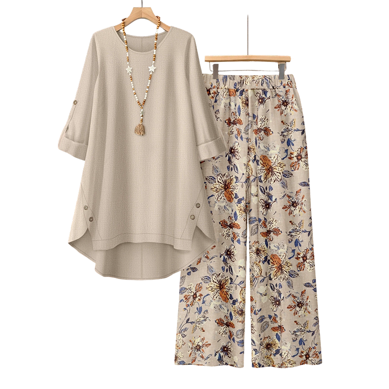 👚 50% RABATT NU! 🌿Damset med topp och byxor i bomull och linne, halvärmad – Andningsbart och lätt – Perfekt för sommaren, kontoret eller vardagliga dagar – avslappnad passform med naturlig textur 🌸✨