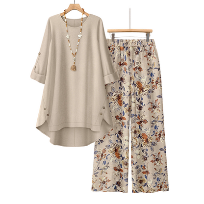 👚 50% RABATT NU! 🌿Damset med topp och byxor i bomull och linne, halvärmad – Andningsbart och lätt – Perfekt för sommaren, kontoret eller vardagliga dagar – avslappnad passform med naturlig textur 🌸✨