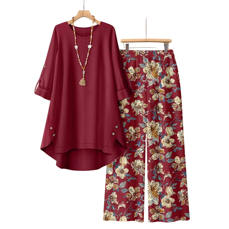 👚 50% RABATT NU! 🌿Damset med topp och byxor i bomull och linne, halvärmad – Andningsbart och lätt – Perfekt för sommaren, kontoret eller vardagliga dagar – avslappnad passform med naturlig textur 🌸✨