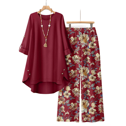 👚 50% RABATT NU! 🌿Damset med topp och byxor i bomull och linne, halvärmad – Andningsbart och lätt – Perfekt för sommaren, kontoret eller vardagliga dagar – avslappnad passform med naturlig textur 🌸✨