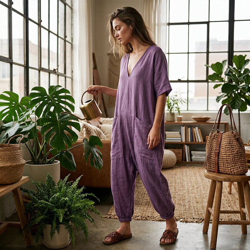 Löst sittande jumpsuit med V-ringning för damer, sommar