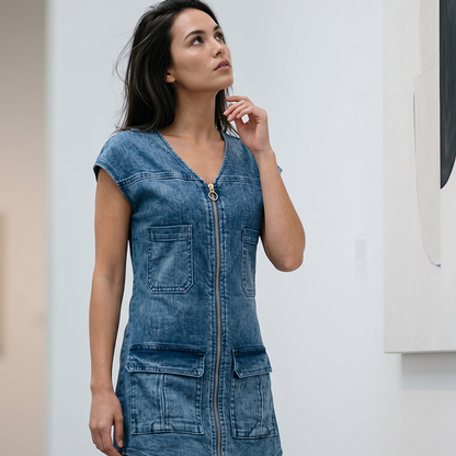 👗✨ Avslappnad V-ringad kortärmad klänning med fickor
