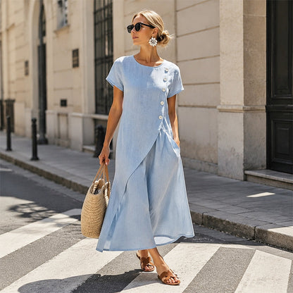 🌊👗 Sommar midiklänning med asymmetriska knappar och fickor