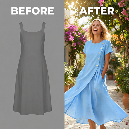 🌊👗 Sommar midiklänning med asymmetriska knappar och fickor
