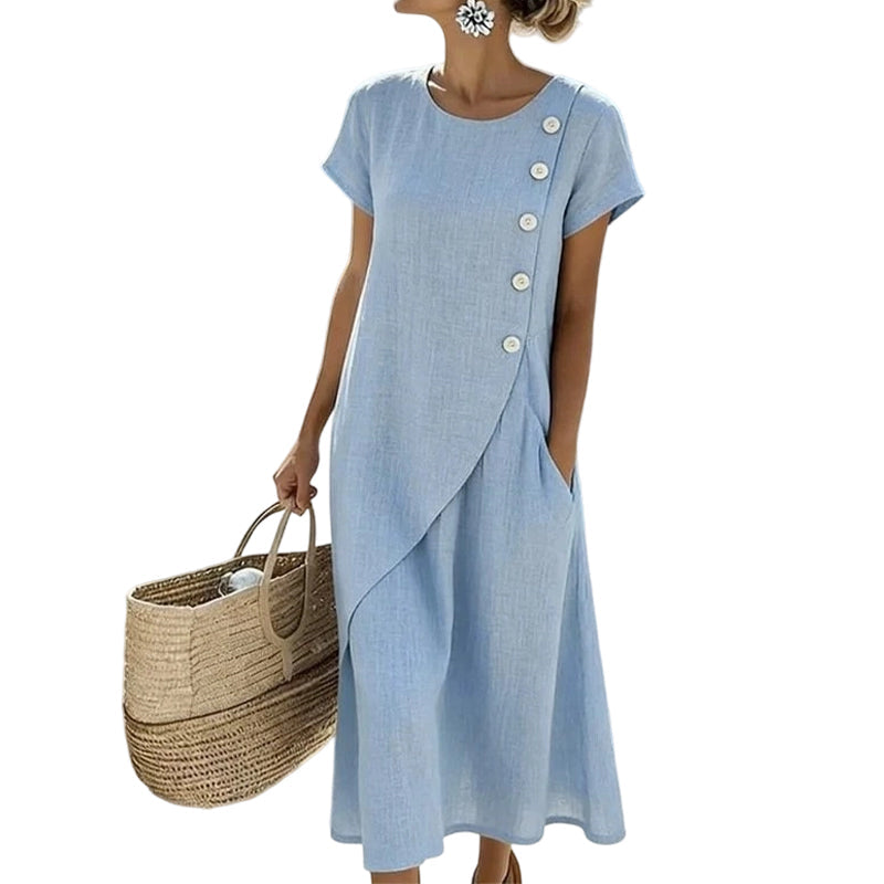 🌊👗 Sommar midiklänning med asymmetriska knappar och fickor