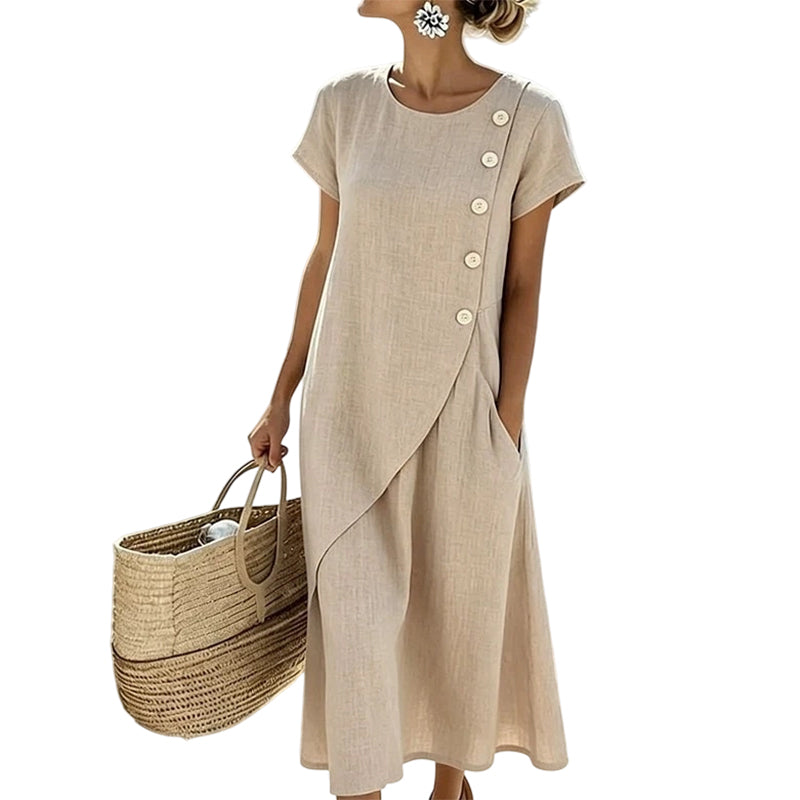 🌊👗 Sommar midiklänning med asymmetriska knappar och fickor