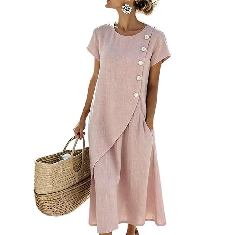 🌊👗 Sommar midiklänning med asymmetriska knappar och fickor