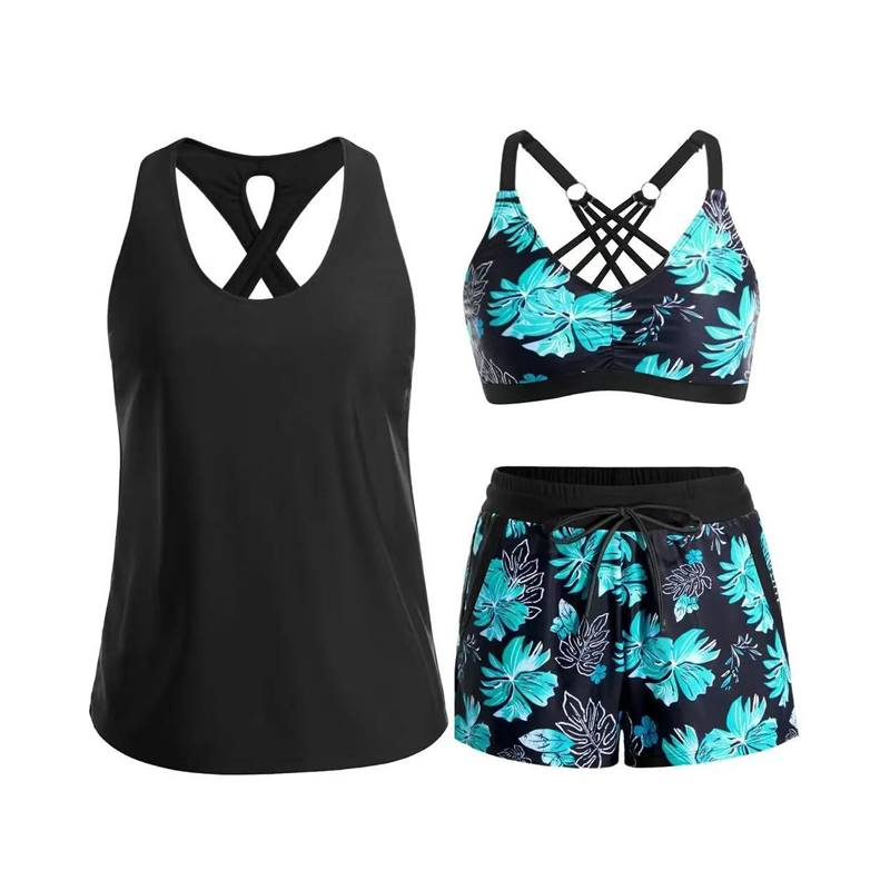 👙🌊Dam 3-delad baddräkt tankini set med shorts🤸