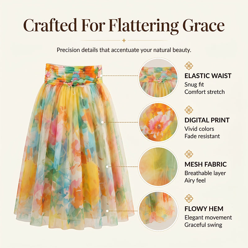 👗🌸 Lätt tyllmidikjol med konstnärligt blommotiv