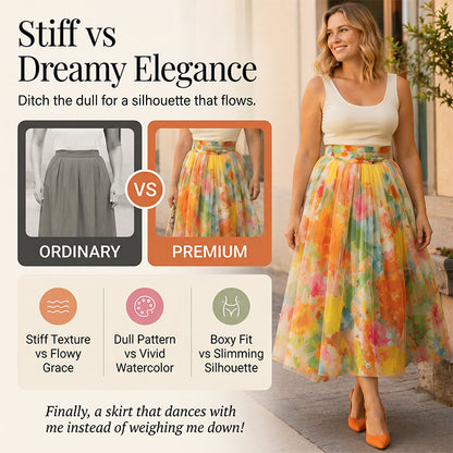 👗🌸 Lätt tyllmidikjol med konstnärligt blommotiv