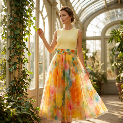 👗🌸 Lätt tyllmidikjol med konstnärligt blommotiv