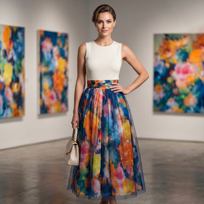 👗🌸 Lätt tyllmidikjol med konstnärligt blommotiv