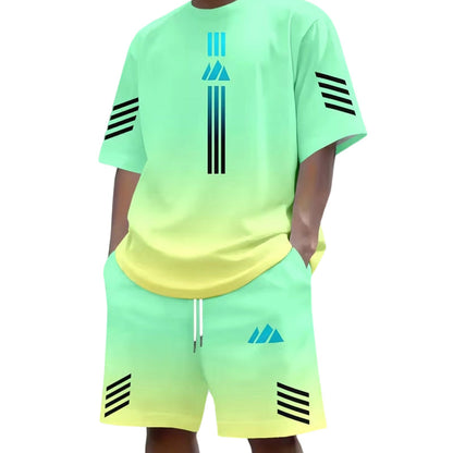 👕🌊 Tvådelat Set med Sommar-T-shirt & Shorts för Män – Gradientmönster & Andande Tyg – Perfekt för Streetwear, Sport & Vardag ☀️
