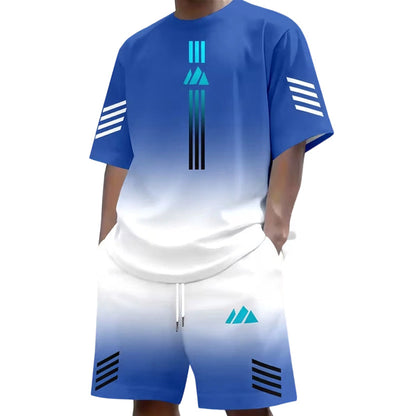 👕🌊 Tvådelat Set med Sommar-T-shirt & Shorts för Män – Gradientmönster & Andande Tyg – Perfekt för Streetwear, Sport & Vardag ☀️