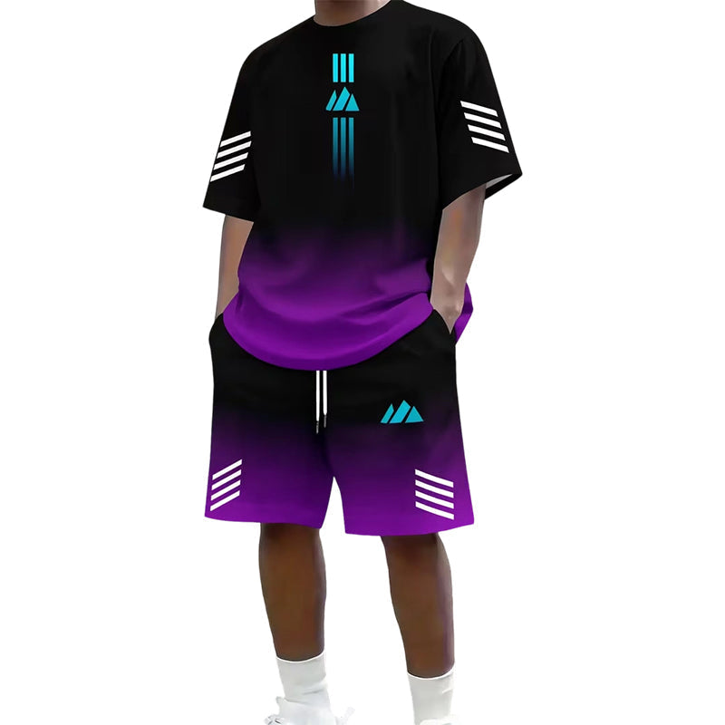 👕🌊 Tvådelat Set med Sommar-T-shirt & Shorts för Män – Gradientmönster & Andande Tyg – Perfekt för Streetwear, Sport & Vardag ☀️