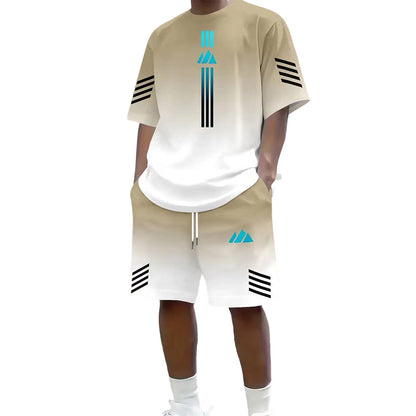 👕🌊 Tvådelat Set med Sommar-T-shirt & Shorts för Män – Gradientmönster & Andande Tyg – Perfekt för Streetwear, Sport & Vardag ☀️