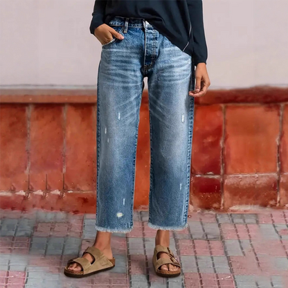 👖✨ Dam retro croppad raka ben jeans – fransad fåll, premiumdenim & tidlös vintagecharm 🦋