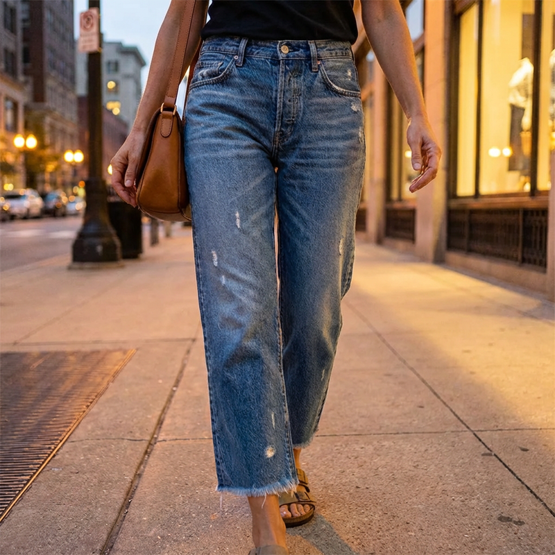 👖✨ Dam retro croppad raka ben jeans – fransad fåll, premiumdenim & tidlös vintagecharm 🦋