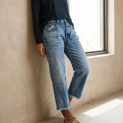 👖✨ Dam retro croppad raka ben jeans – fransad fåll, premiumdenim & tidlös vintagecharm 🦋