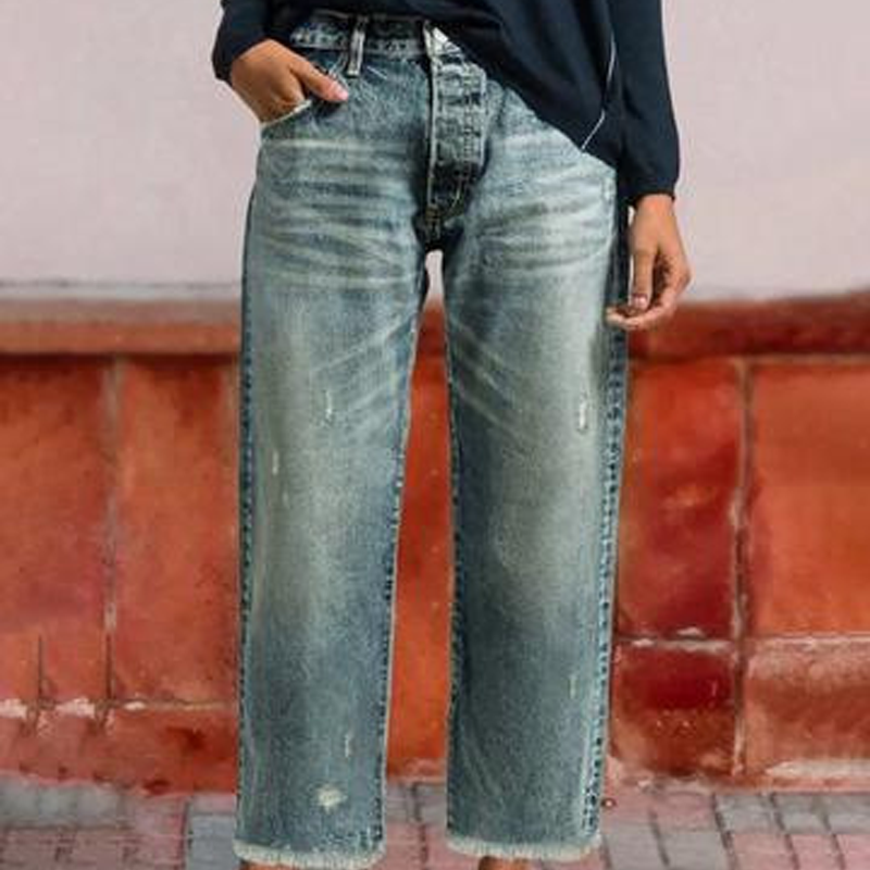 👖✨ Dam retro croppad raka ben jeans – fransad fåll, premiumdenim & tidlös vintagecharm 🦋