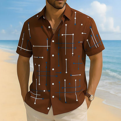 👔☀️ Herr geometriskt tryck avslappnad passform knappskjorta – mjuk sommarkänsla, rymlig komfort & semesterredo stil 🏖️