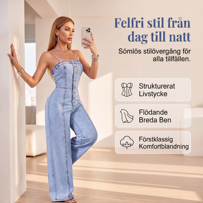 💫 Kvinnors jeansoverall med spaghettiband och vida ben – chic, rörlig & perfekt för sommaren 👖✨