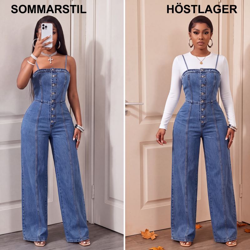 💫 Kvinnors jeansoverall med spaghettiband och vida ben – chic, rörlig & perfekt för sommaren 👖✨
